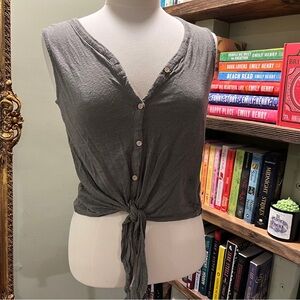 Green Sleeveless Button-Down Tie-Front Top